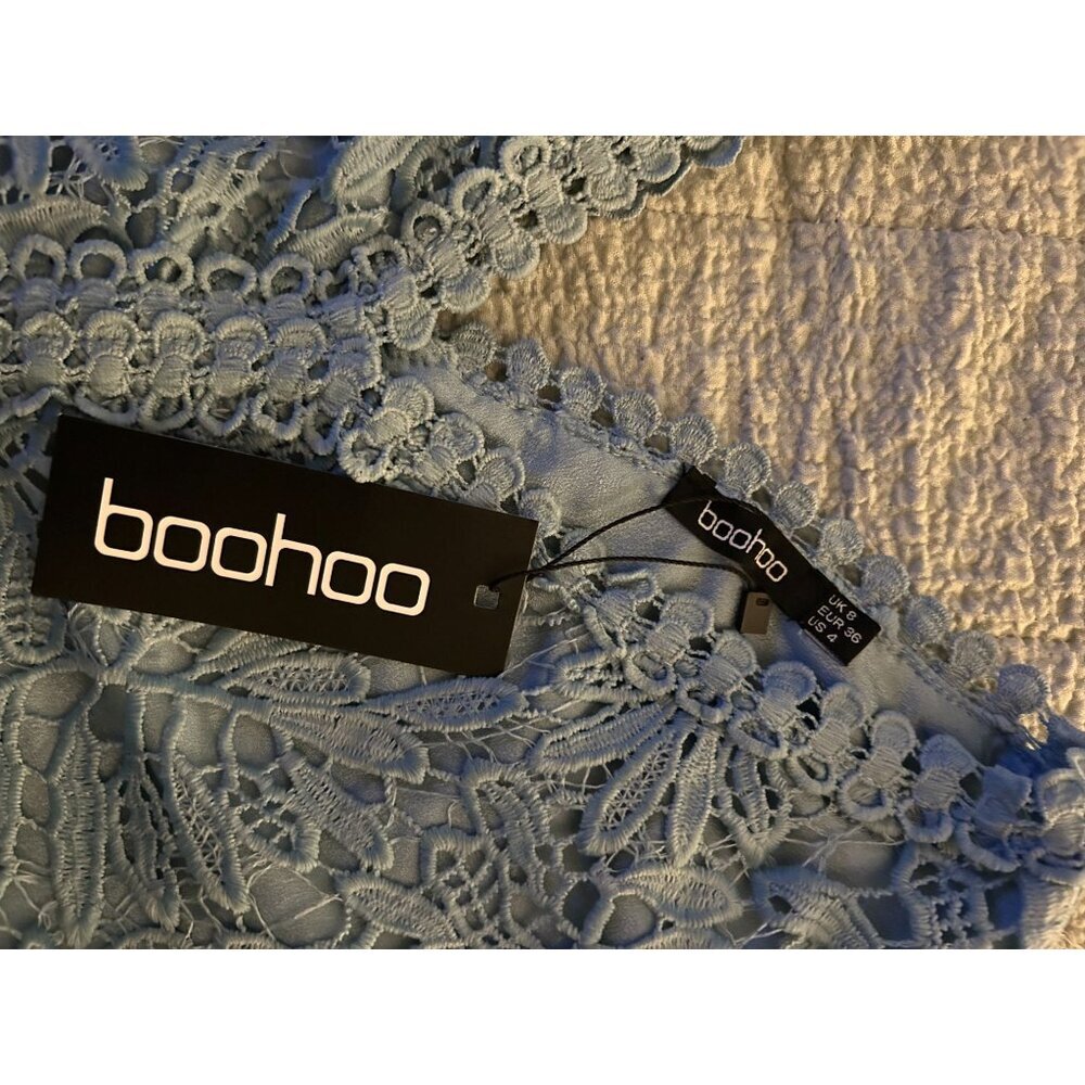 NWT Boohoo Women's Lace Crochet Long Sleeve Flare Dress Blue Sz 4 - Picture 12 of 16